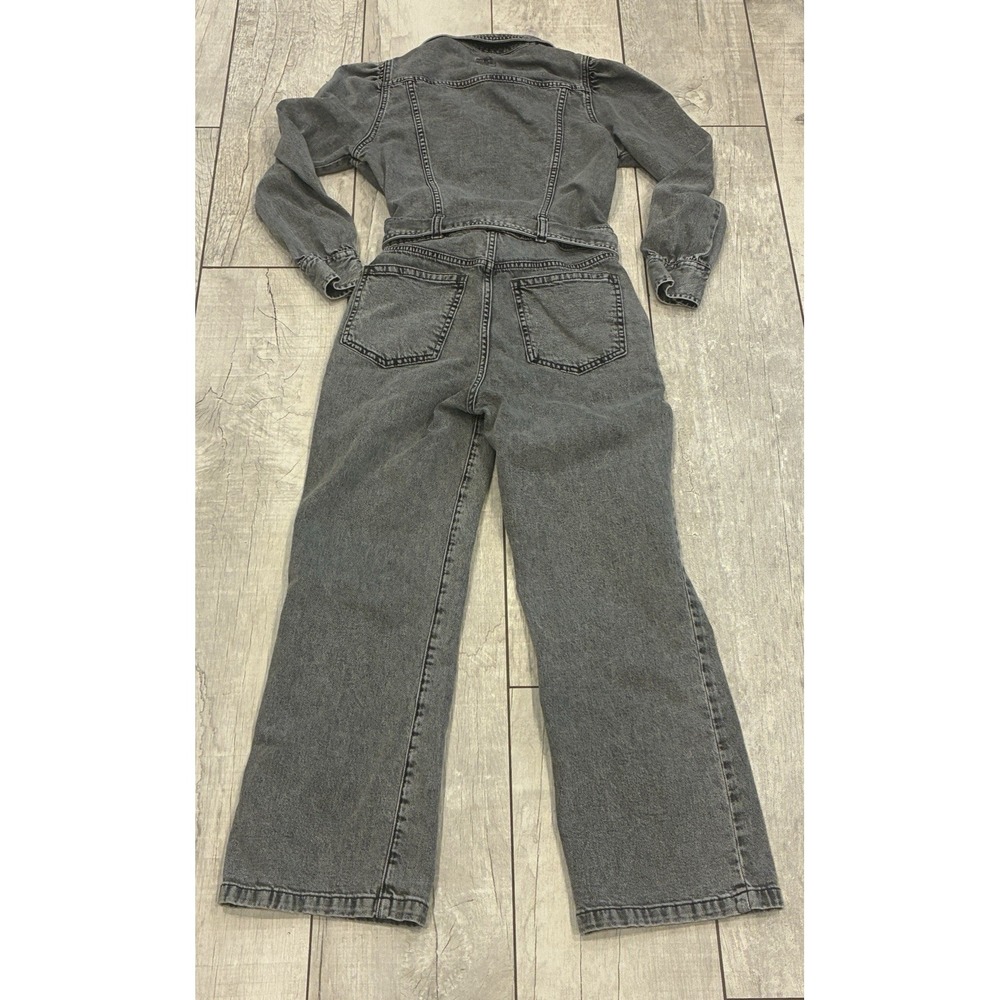 GAP Denim Jumpsuit Size 2P Washed Black Belted Puff Sleeve Button Up Retro 90's - Picture 4 of 10